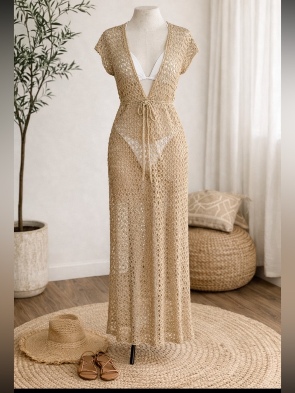 Elif Jordan Taylor Gold Crochet Maxi Cover Up Dress M Boho Beach Resort Sheer